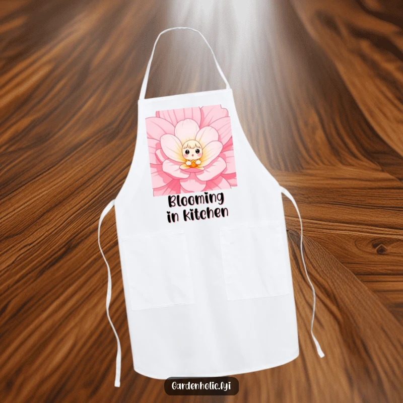 Funny Apron showing a small character with wide eyes peeking out from a large flower, blending garden humor and cuteness.