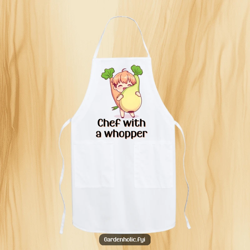 Funny Apron: Character joyfully holding a plump, oversized vegetable, perfect for kitchen or garden use, a humorous funny gift.