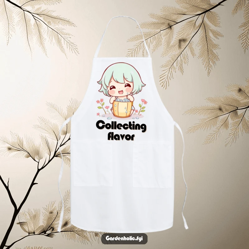 Funny Apron showing a gleeful character collecting tiny dew drops in a small bucket, perfect for whimsical cooking.