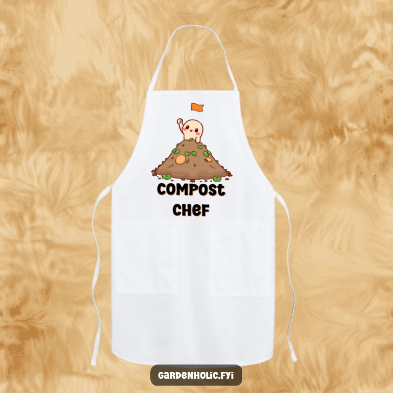 Funny Apron: A character waves a tiny flag from a compost pile, adding a humorous and practical touch to kitchen wear.