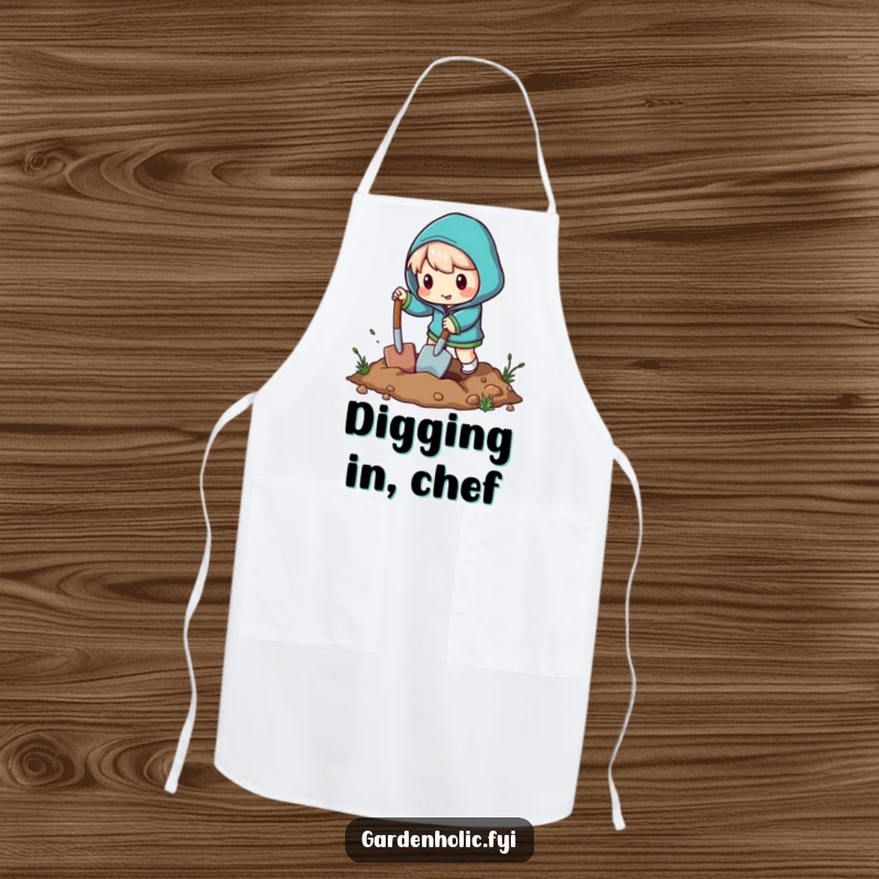 Funny apron featuring a character digging energetically with a miniature shovel, ideal for kitchen humor.