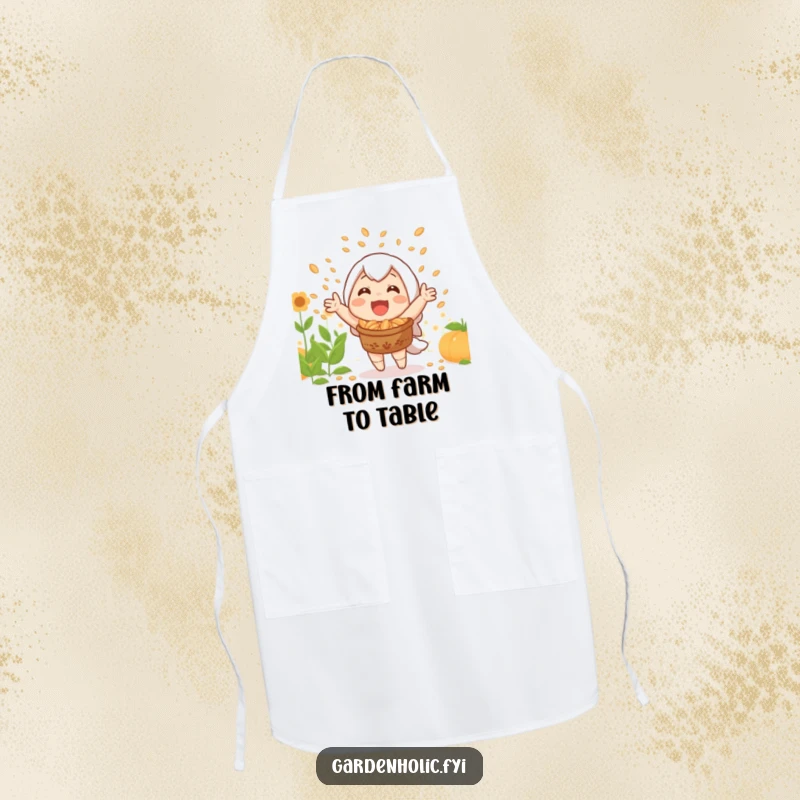 Funny apron showing a joyful character celebrating a bountiful harvest with a shower of seeds.