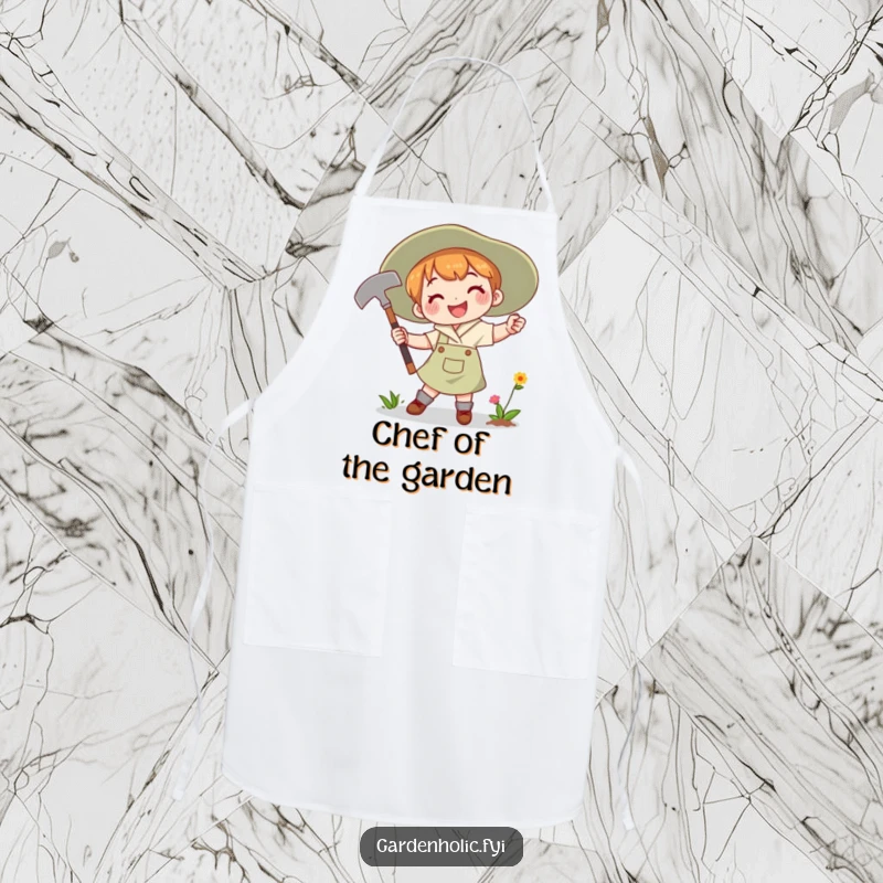 Funny Apron showing a person joyfully swinging a gardening hoe with a determined smile, blending gardening humor and effort.