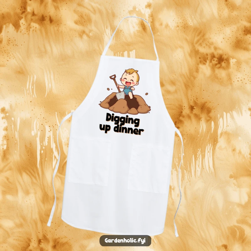 Funny Apron showing a person excitedly digging a large hole with a very small shovel, blending kitchen humor and effort.