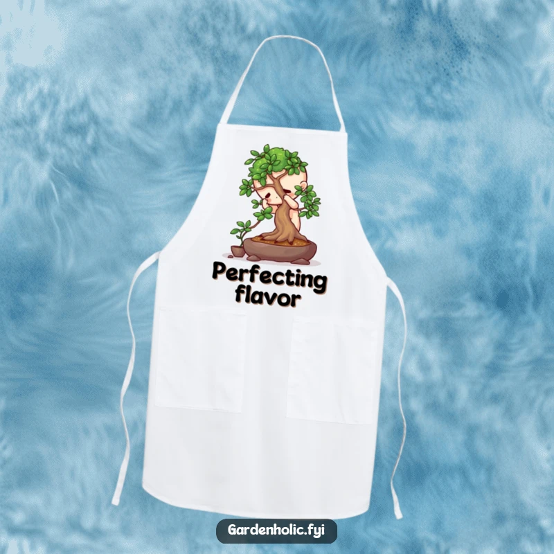 Funny apron featuring a playful character intensely focused on pruning a miniature bonsai tree, practical for garden or kitchen.