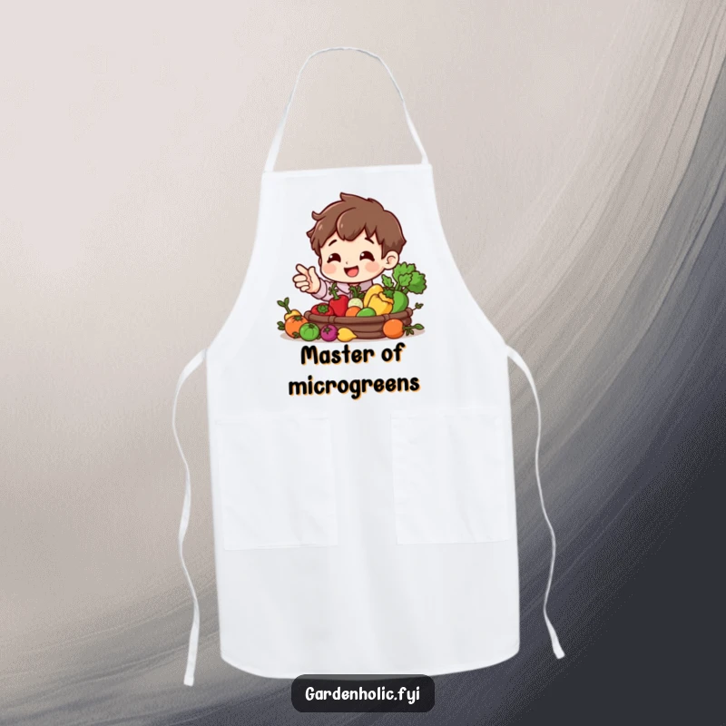 Funny apron featuring a smiling character gesturing towards a miniature vegetable harvest, perfect for kitchen fun.