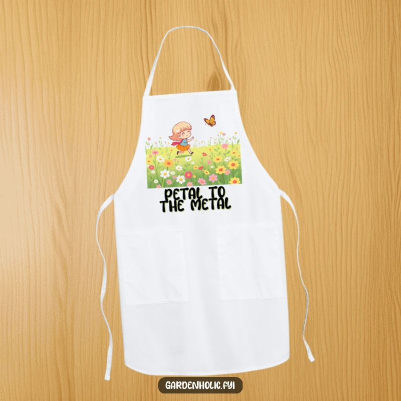 Funny apron featuring a character playfully chasing a butterfly in a flower field, bringing whimsical charm to the kitchen.