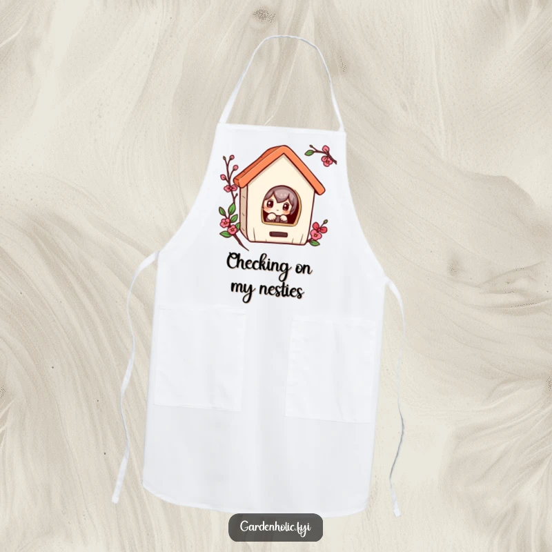 Funny apron featuring a curious character peeking into a tiny birdhouse, ideal for humorous kitchen activities.