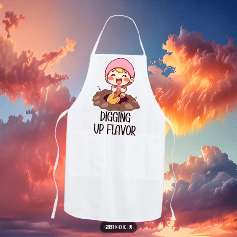 Funny apron showing an excited character happily digging with a tiny shovel, ideal for enthusiastic chefs and gardeners.