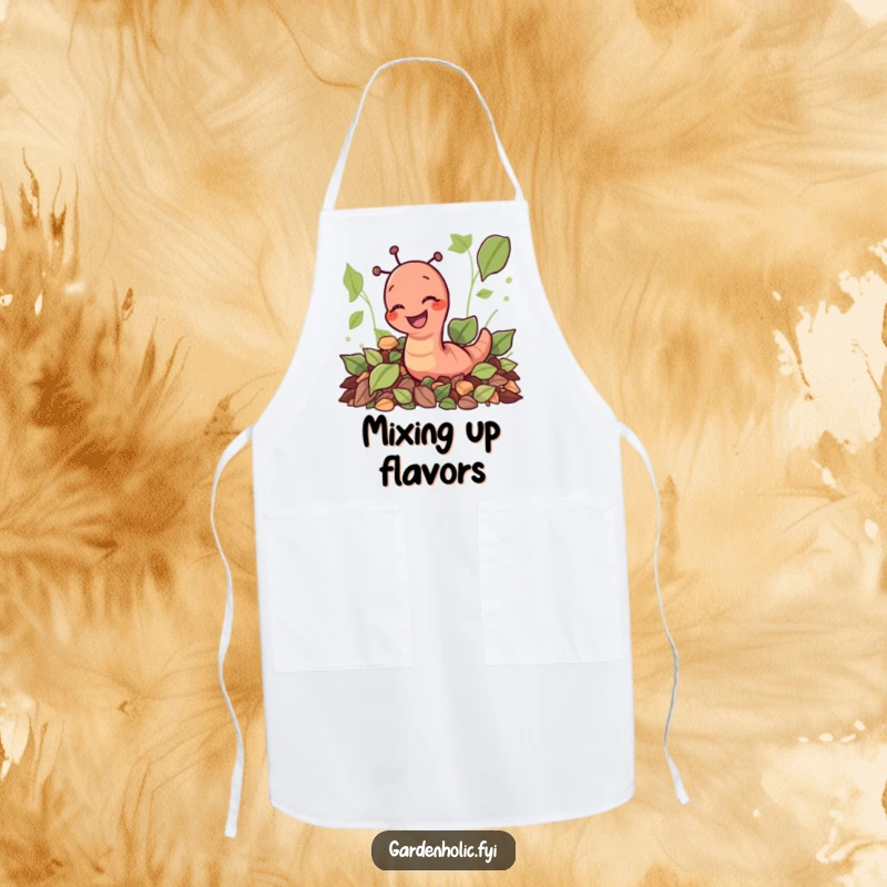 Funny giggling earthworm character digging through leaves on a kitchen apron, a fun and funny cooking gift.