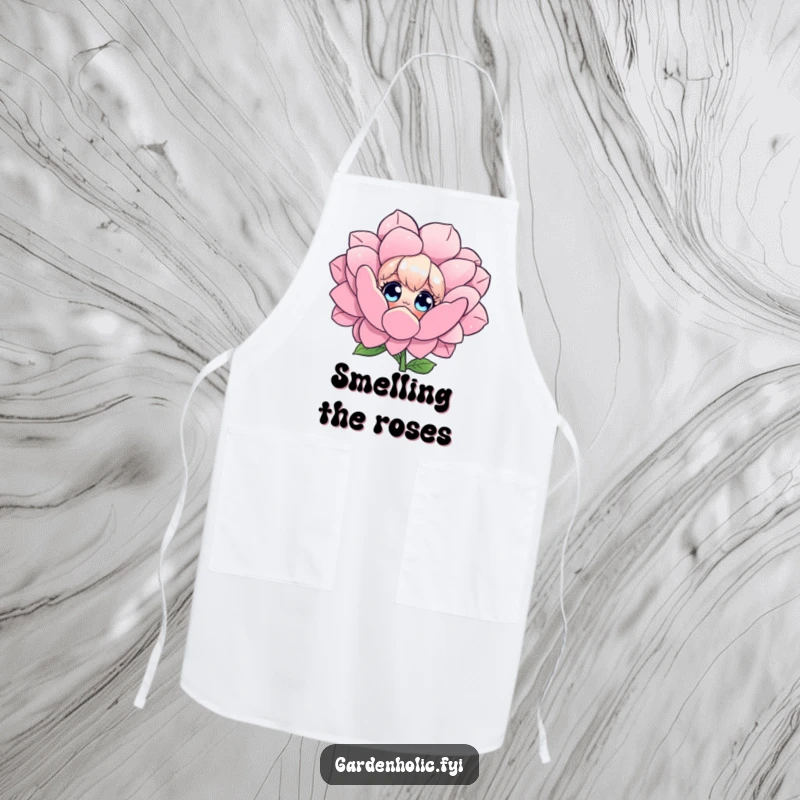 Funny apron depicting a character with wide eyes admiring an oversized flower, perfect for kitchen protection with a botanical twist.