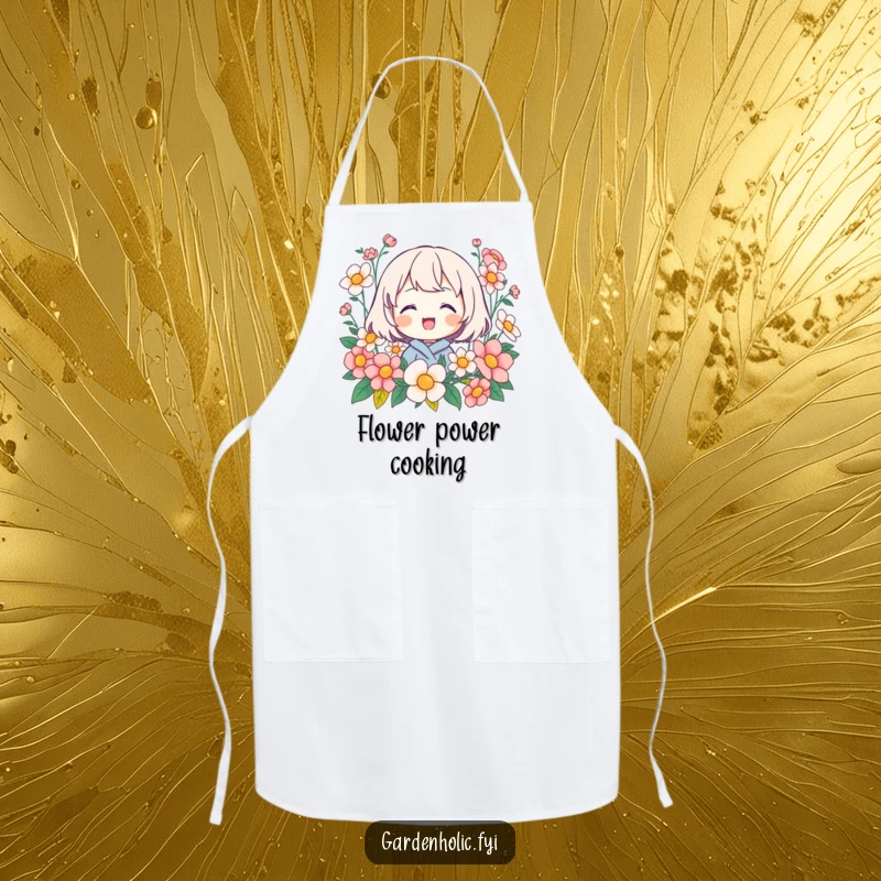 Funny apron depicting a happy character beaming surrounded by blooming flowers, ideal for chefs and gardeners who love joy.