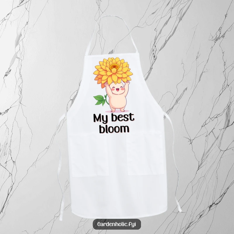 Funny apron featuring a chubby character triumphantly holding a giant, vibrant flower, practical for cooking or gardening.