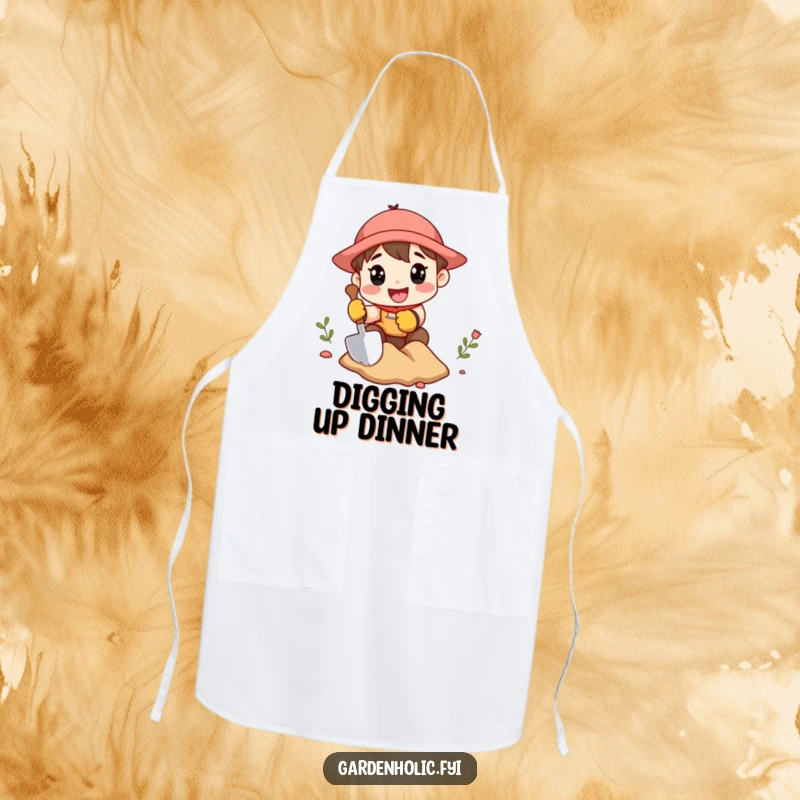Funny apron featuring a character in gardening gloves, excitedly digging with a miniature shovel, blending garden fun with kitchen practicality.