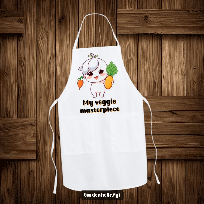 Funny apron: Tiny character beaming with pride, holding a perfect, shiny vegetable, ready for cooking.