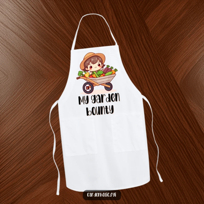 Funny Apron: Character beaming, holding a wheelbarrow full of vegetables, suitable for cooking or gardening, a funny gift.