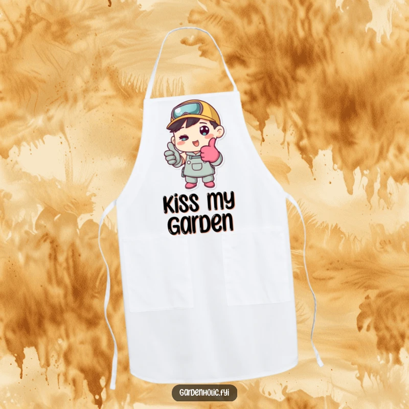 Funny apron showing a character in gardening gloves giving a thumbs up, perfect for keeping clean during gardening tasks.