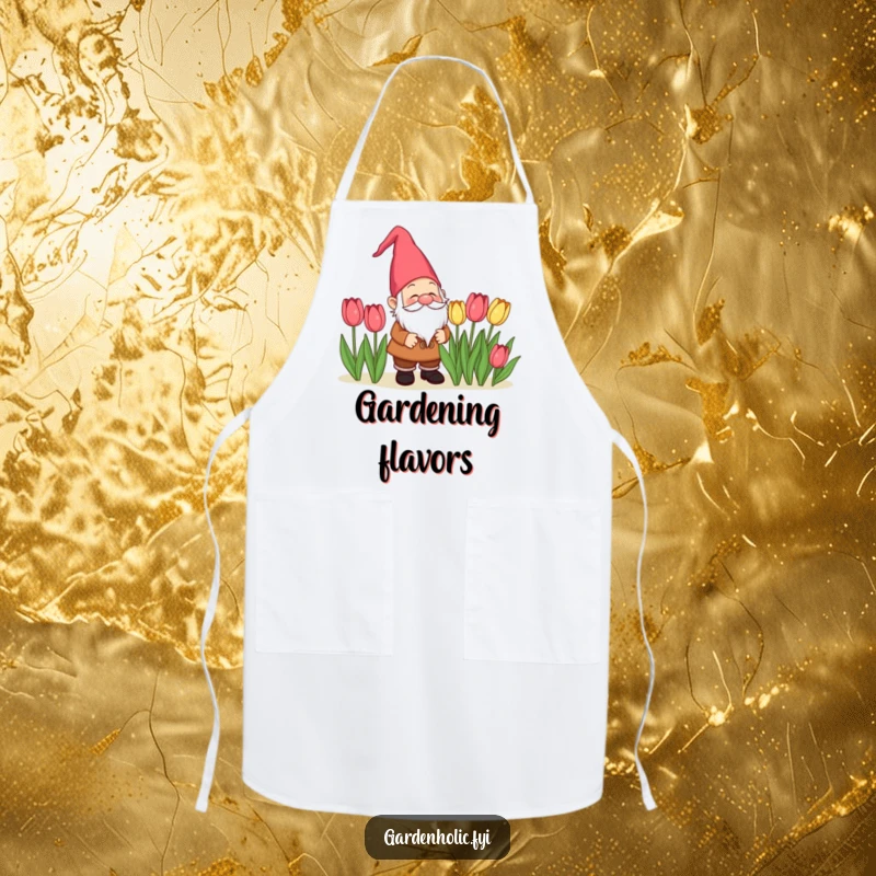 Funny delighted gnome character admiring tulips on a kitchen apron, a charming and funny cooking gift.