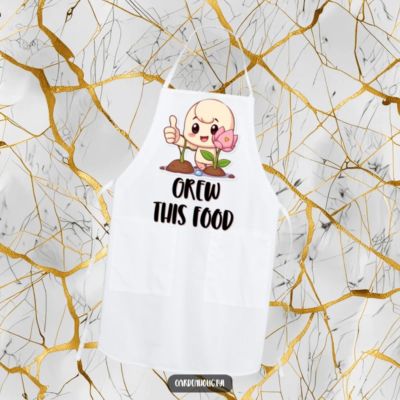 Funny Apron showing a proud character giving a thumbs up next to a blooming sprout, celebrating kitchen success.