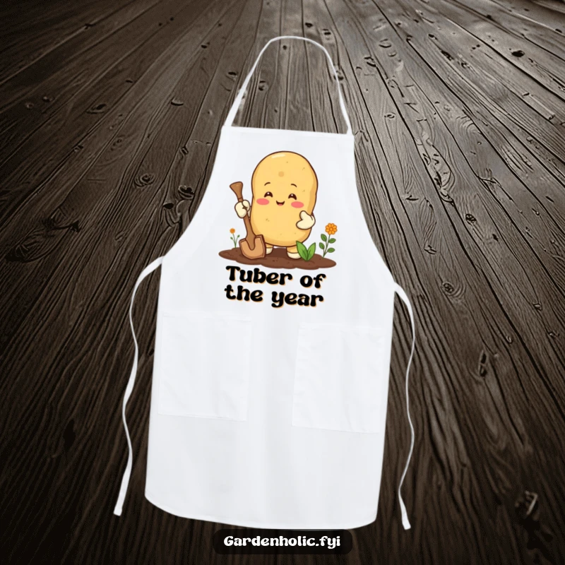 Funny apron: A happy potato wearing gardening gloves, digging with enthusiasm, a humorous cooking and gardening accessory.