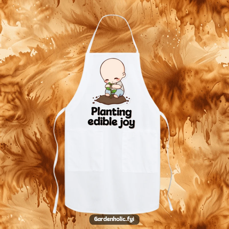 Funny Apron: Tiny being planting a seed with great care, perfect for kitchen or garden use, a charming funny gift.