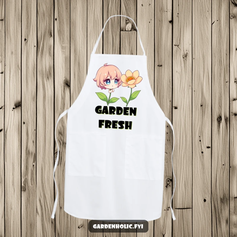 Funny Apron featuring a character with sparkling eyes, admiring a vibrant, perfectly bloomed flower.