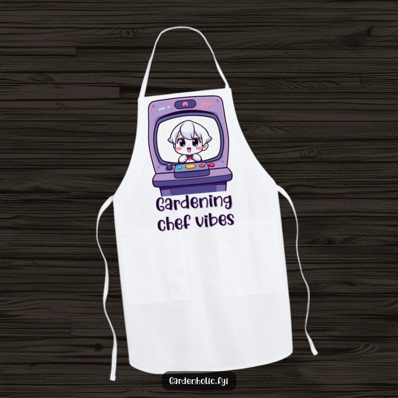 Funny apron: Charming character with a surprised and delighted expression, observing a tiny, sprouting seedling.