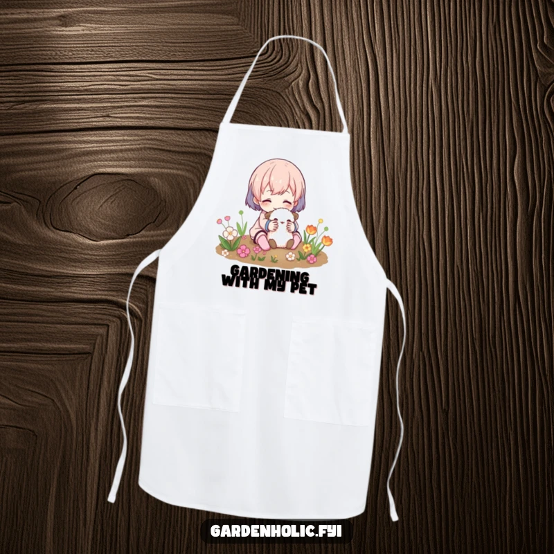 Funny Apron: A character happily hugs a small, fuzzy pet, adding a humorous touch to this garden-themed kitchen accessory.