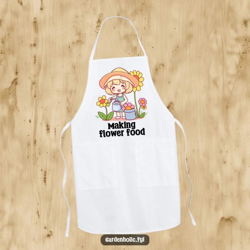 Funny apron featuring a cute character watering a comically oversized flower, blending garden fun with kitchen practicality.