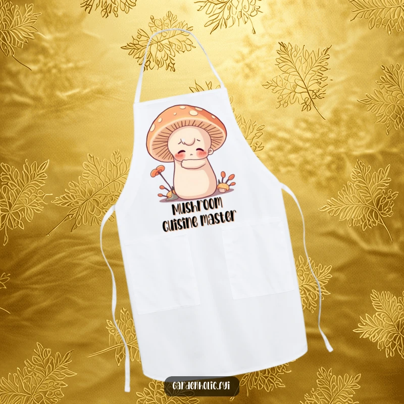 Funny Apron: Character with rosy cheeks hugging a giant, soft mushroom, perfect for kitchen fun and adding humorous warmth.