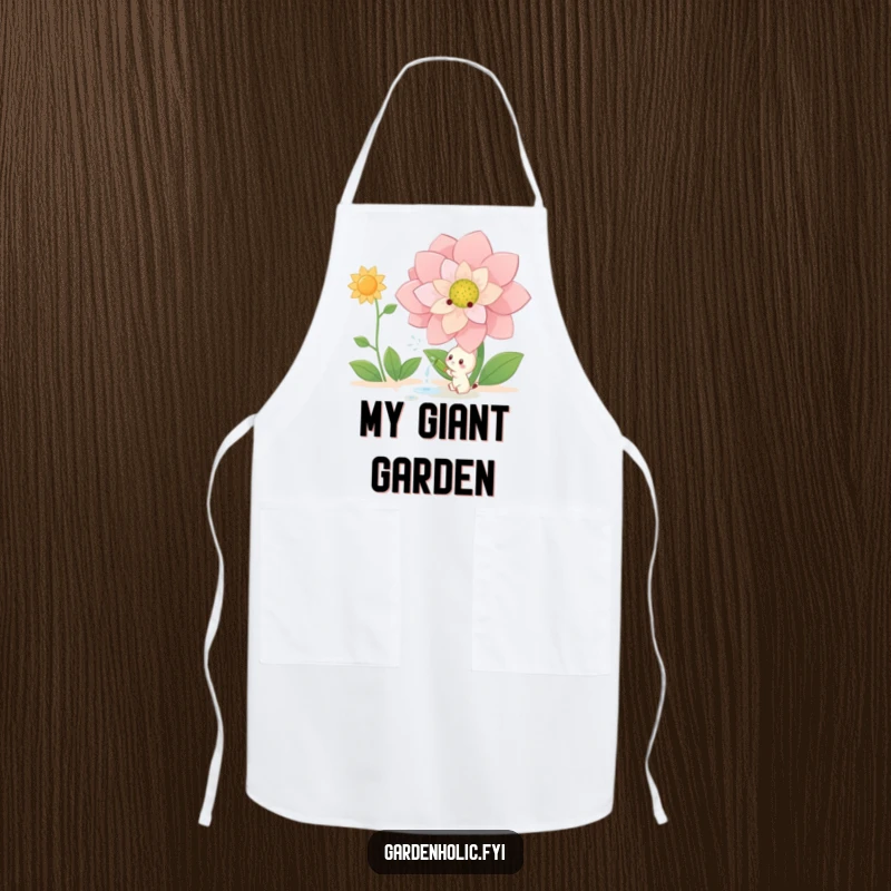 Funny Apron: Small creature joyfully watering a giant blooming flower, ideal for kitchen or garden use, a charming funny gift.