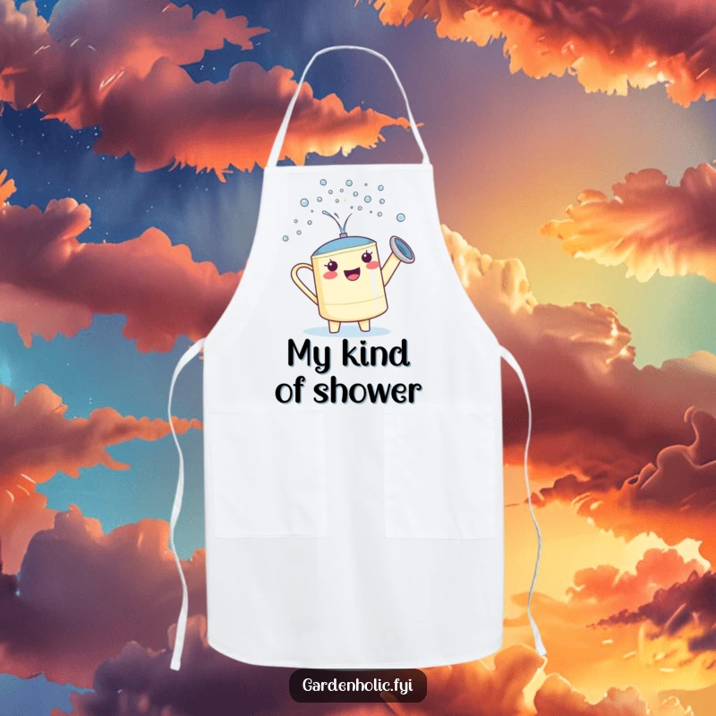 Funny Watering Can Apron: A proud character showering tiny sparkling droplets, for kitchen or garden.