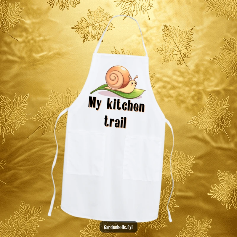 Funny Snail Apron: A cute character leaving a shimmering trail across a leaf, for kitchen use.