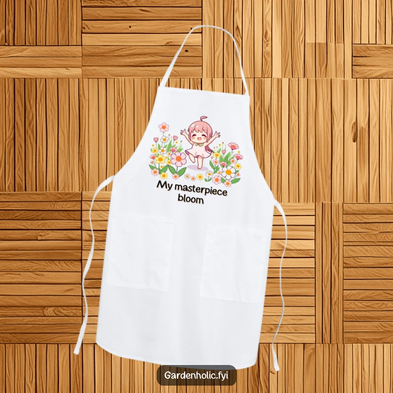 Funny apron featuring a little character joyfully doing a victory dance amidst blooming flowers, practical for kitchen or parties.