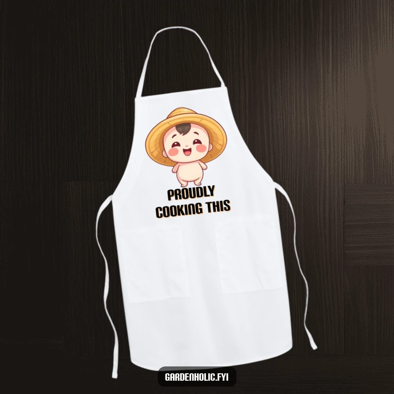 Funny Apron: Entity wearing a straw hat, beaming with pride, perfect for celebrations and kitchen use, a charming funny gift.