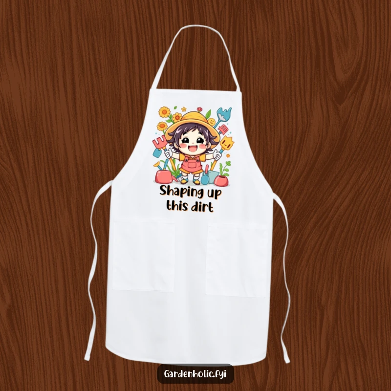 Funny apron showcasing a dynamic, energetic character equipped with a full set of colorful gardening tools, ready for culinary or garden adventures.