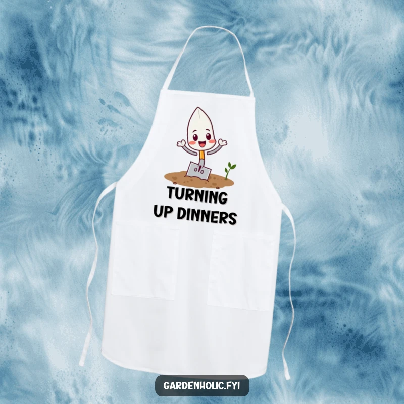 Funny playful trowel character flipping in soil on a kitchen apron, a fun and funny cooking gift.