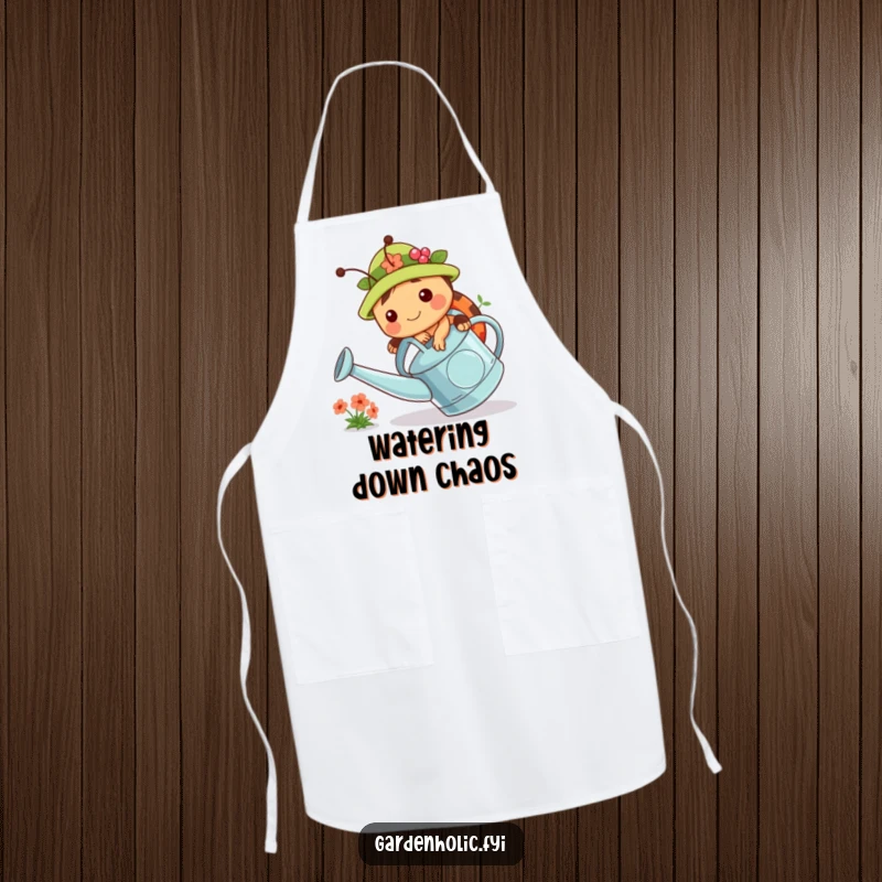 Funny apron showcasing a chubby ladybug in a gardening hat, tripping over a watering can. Kitchen apparel for gardeners.
