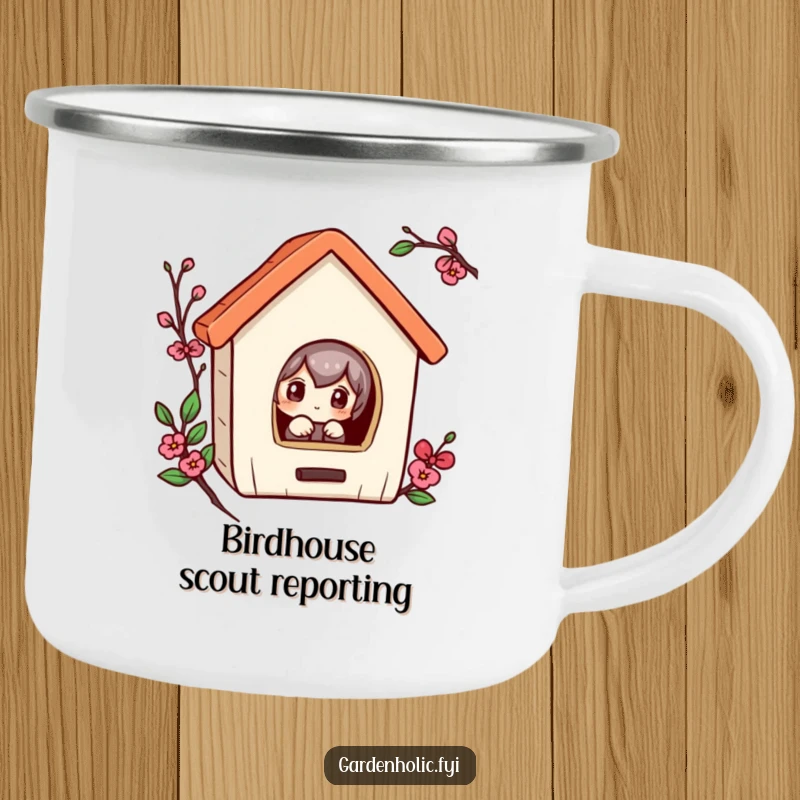 Funny camping mug with a curious character peeking into a tiny birdhouse, perfect for outdoor humor.