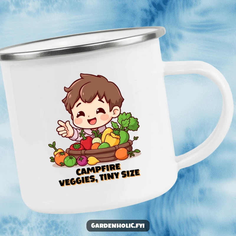 Funny camping mug featuring a smiling character presenting a miniature vegetable harvest, ideal for outdoor enjoyment.