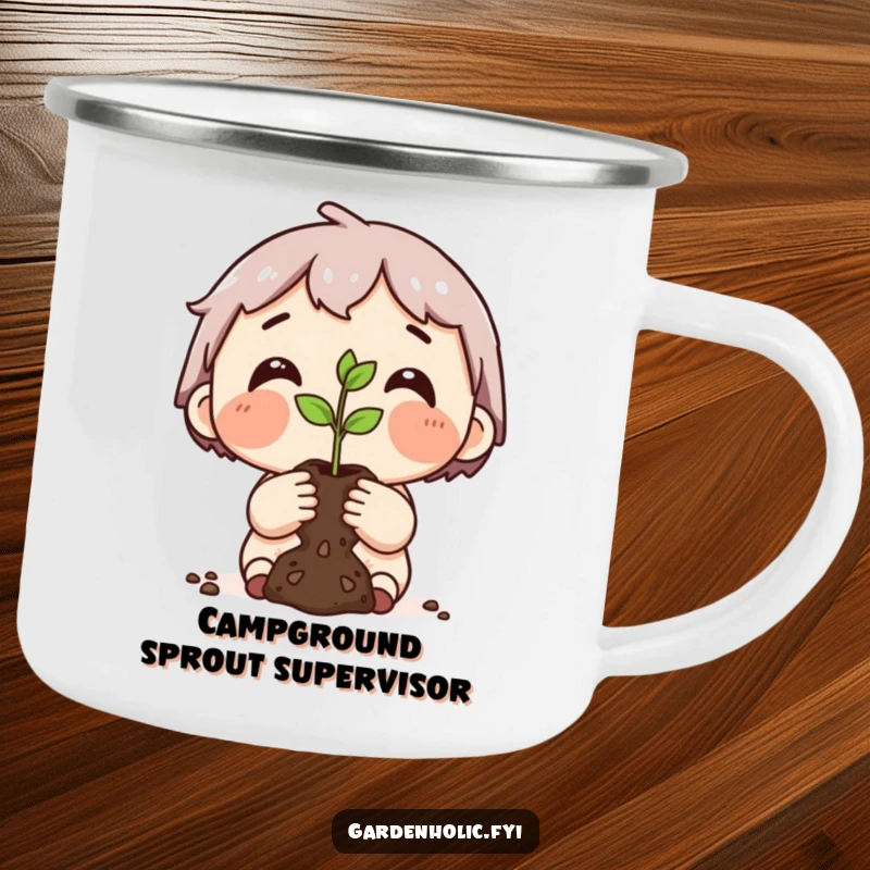 Funny camping mug showing a dirt-smudged character proudly holding a tiny seedling, perfect for gardeners enjoying the outdoors.
