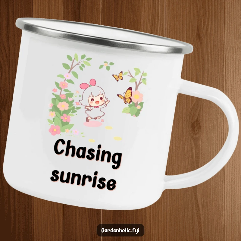 Funny enamel camping mug with a character joyfully chasing a butterfly through a garden, perfect for outdoor nature lovers.