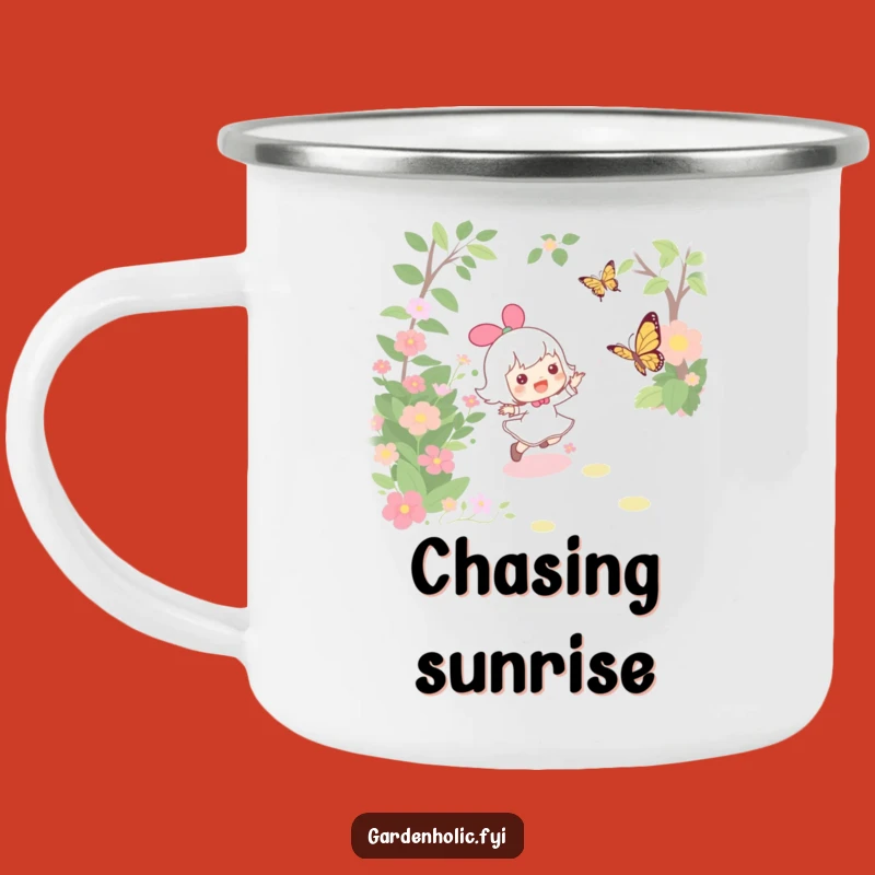 Funny Garden Camping Mug: Joyful Butterfly Chase, Outdoor Nature Lover Gift