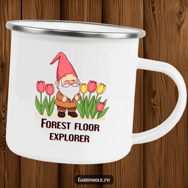 Funny delighted gnome character admiring tulips on a durable camping mug, a charming and funny outdoor gift.