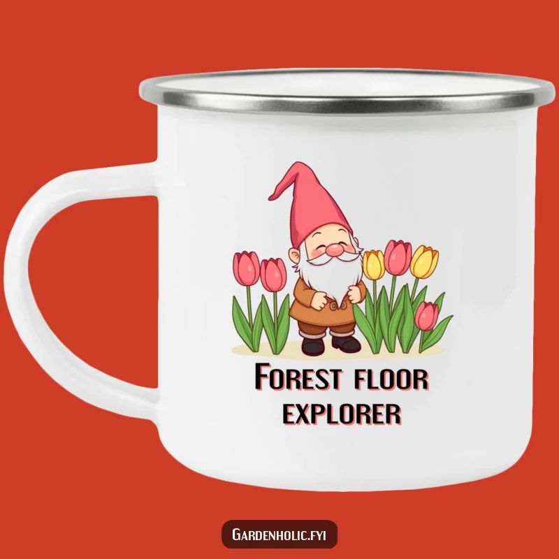 Funny Gnome Admiring Tulips Camping Mug: Outdoor Garden Magic, Perfect Gift