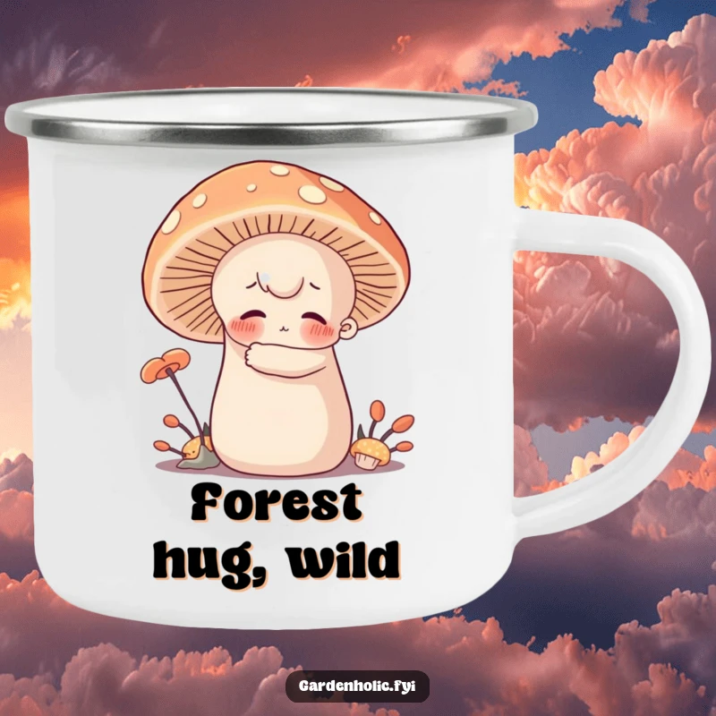 Funny Camping Mug: Character with rosy cheeks hugging a giant, soft mushroom, ideal for outdoor drinks and a humorous touch of forest affection.
