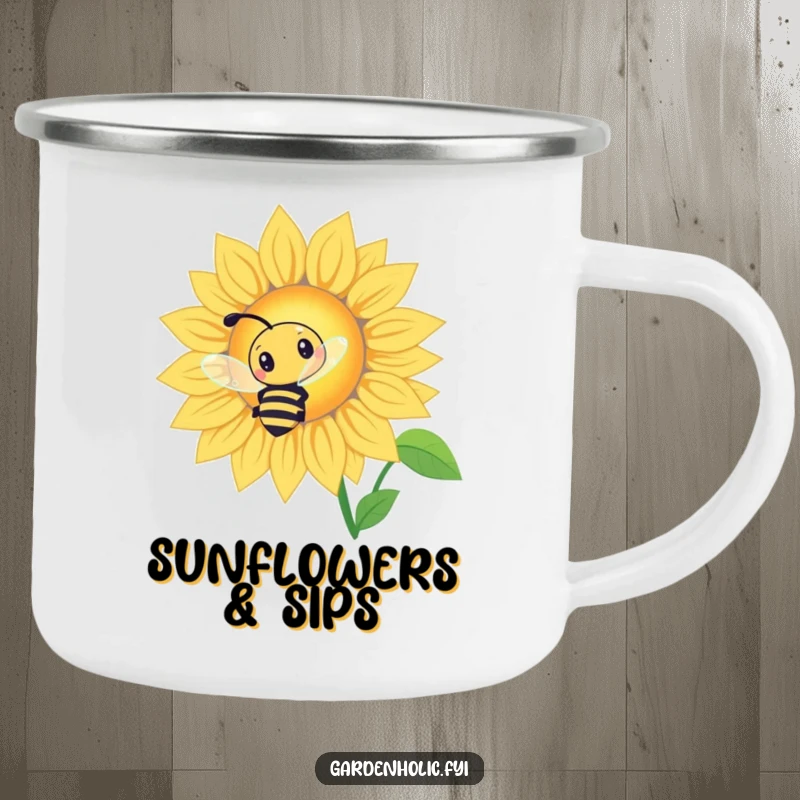 Funny Bee Sunflower Camping Mug: A curious bee buzzing around a giant glowing sunflower, for outdoors.