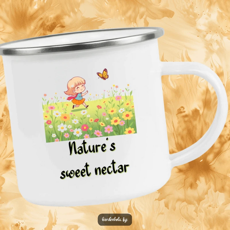 Funny camping mug showing a character playfully chasing a butterfly through a scenic flower field, ideal for outdoor enthusiasts.