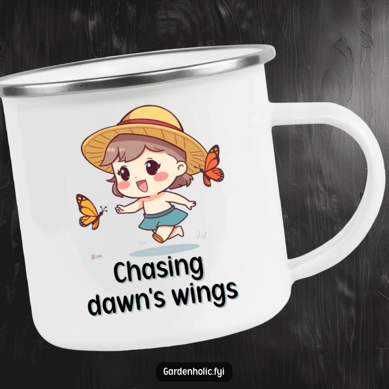Funny camping mug with a character in a straw hat excitedly chasing a butterfly, perfect for outdoor humor.