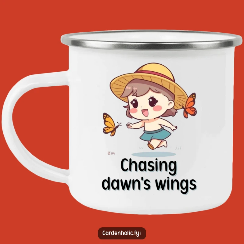Funny Butterfly Chase Camping Mug - Enjoy Outdoor Fun with This Whimsical Design!